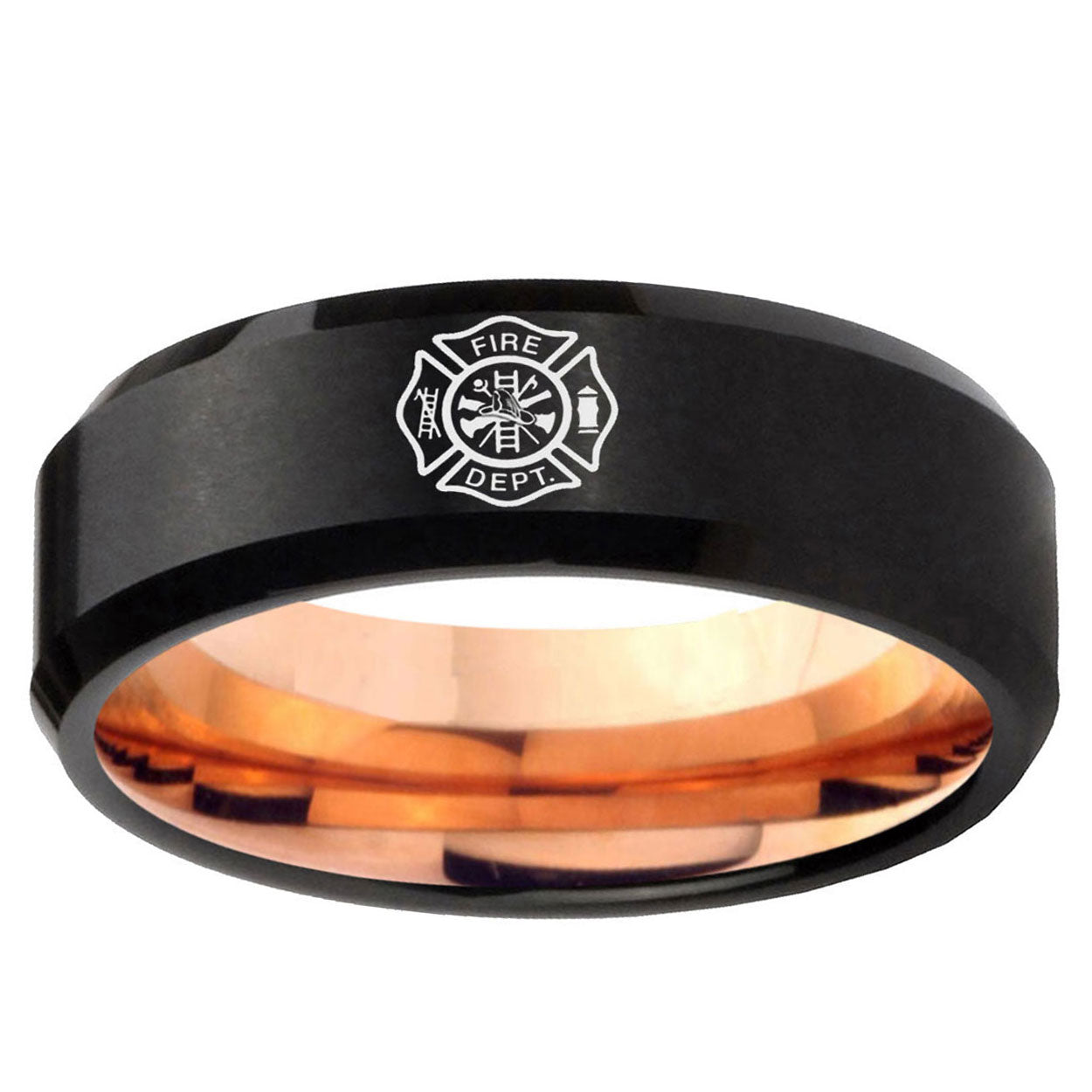 10mm Fire Department Bevel Tungsten Carbide Rose Gold Promise Ring