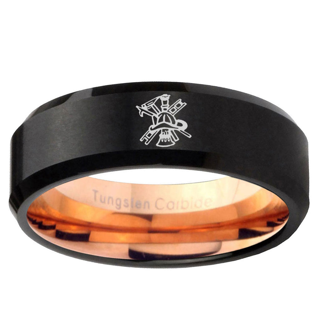 5mm Fireman Two-Tone Beveled Black Rose Gold Tungsten Band