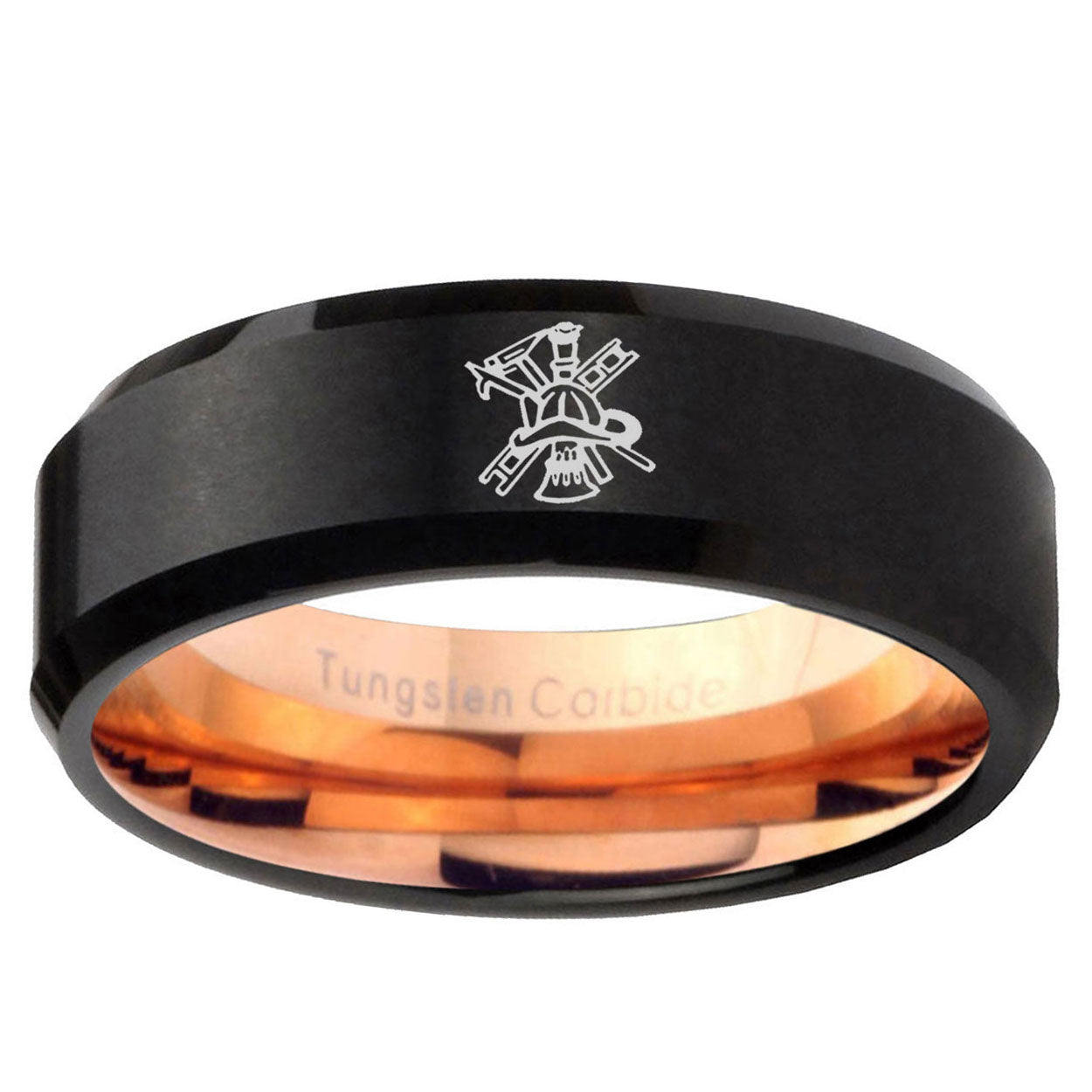 5mm Fireman Two-Tone Beveled Black Rose Gold Tungsten Band