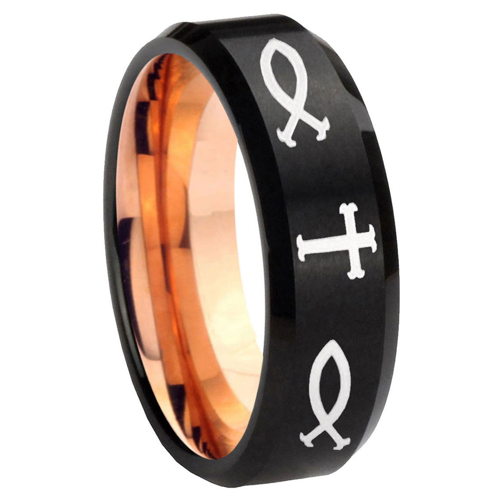 8mm God Is Love Two-Tone Beveled Black Rose Gold Tungsten Band
