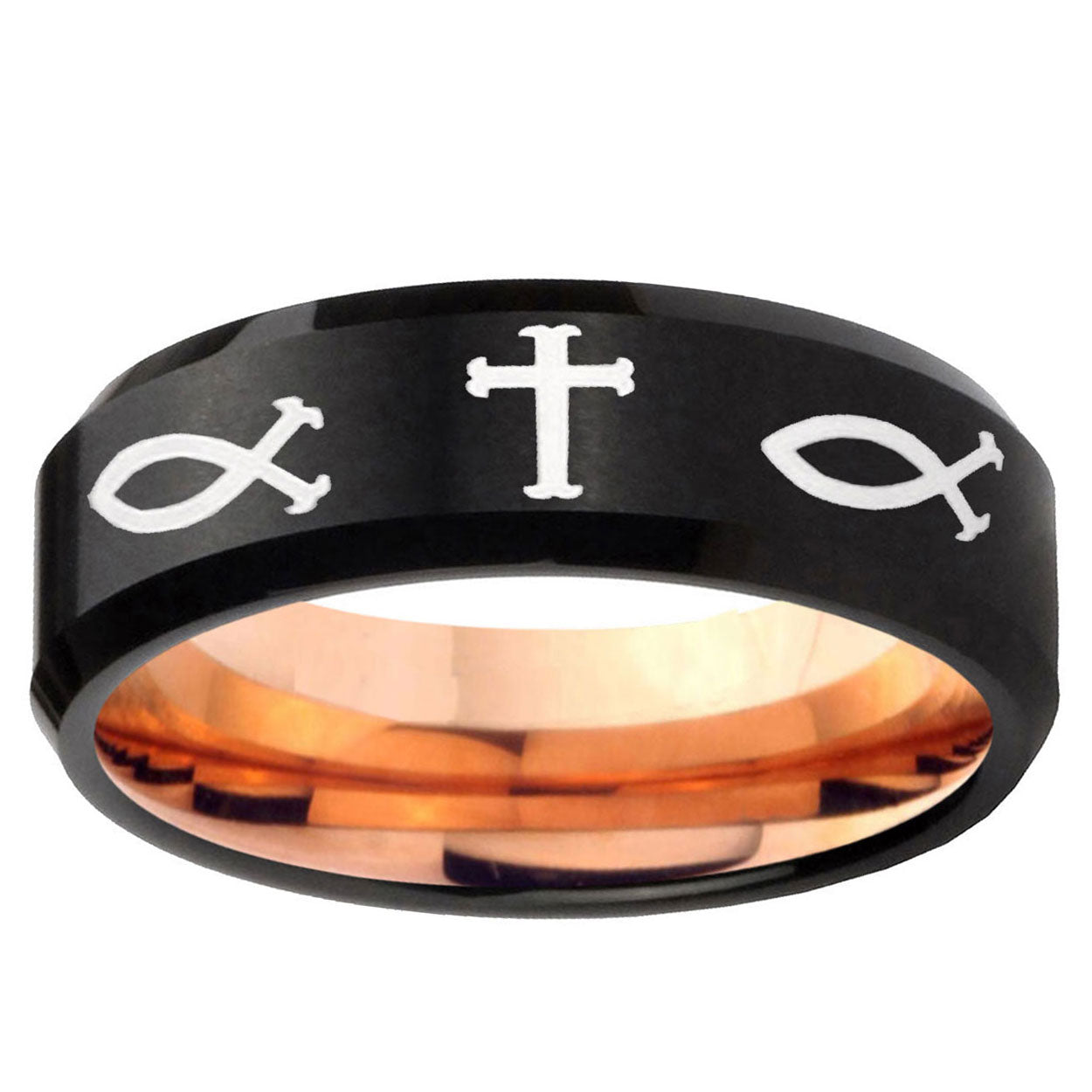 5mm God Is Love Two-Tone Beveled Black Rose Gold Tungsten Band