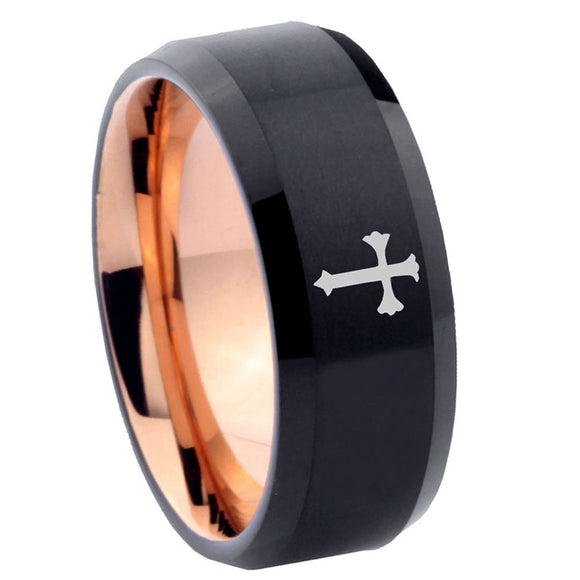 10mm-Flat-Christian-Cross-Bevel-Tungsten-Rose-Gold-Mens-Wedding-Band