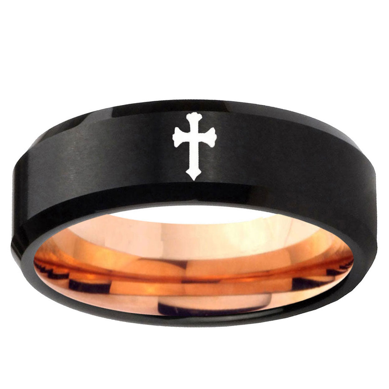 10mm Flat Christian Cross Bevel Tungsten Rose Gold Mens Wedding Band