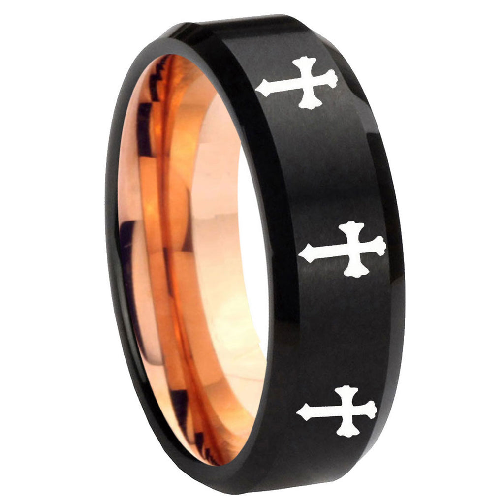 8mm Multi Christian Cross Two-Tone Beveled Black Rose Gold Tungsten Band