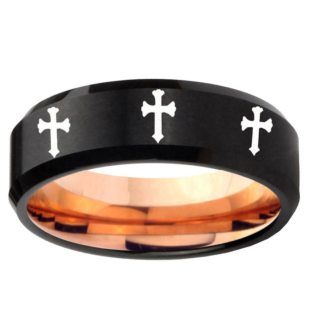 5mm Multi Christian Cross Two-Tone Beveled Black Rose Gold Tungsten Band