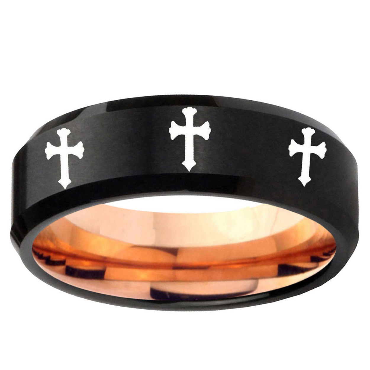 5mm Multi Christian Cross Two-Tone Beveled Black Rose Gold Tungsten Band