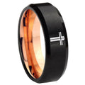 8mm Flat Cross Two-Tone Beveled Black Rose Gold Tungsten Band