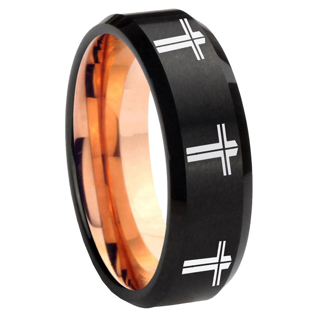 8mm Multi Christian Cross Two-Tone Beveled Black Rose Gold Tungsten Band