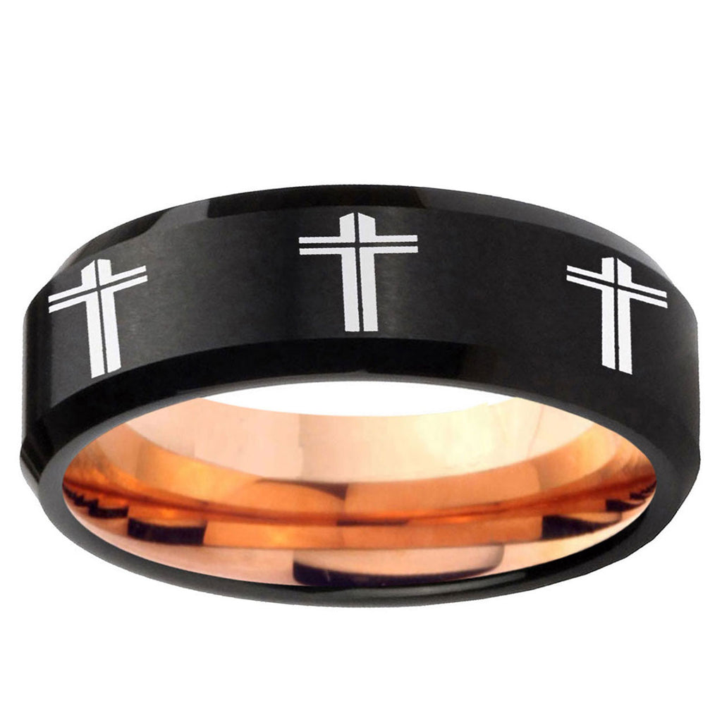 5mm Multi Christian Cross Two-Tone Beveled Black Rose Gold Tungsten Band