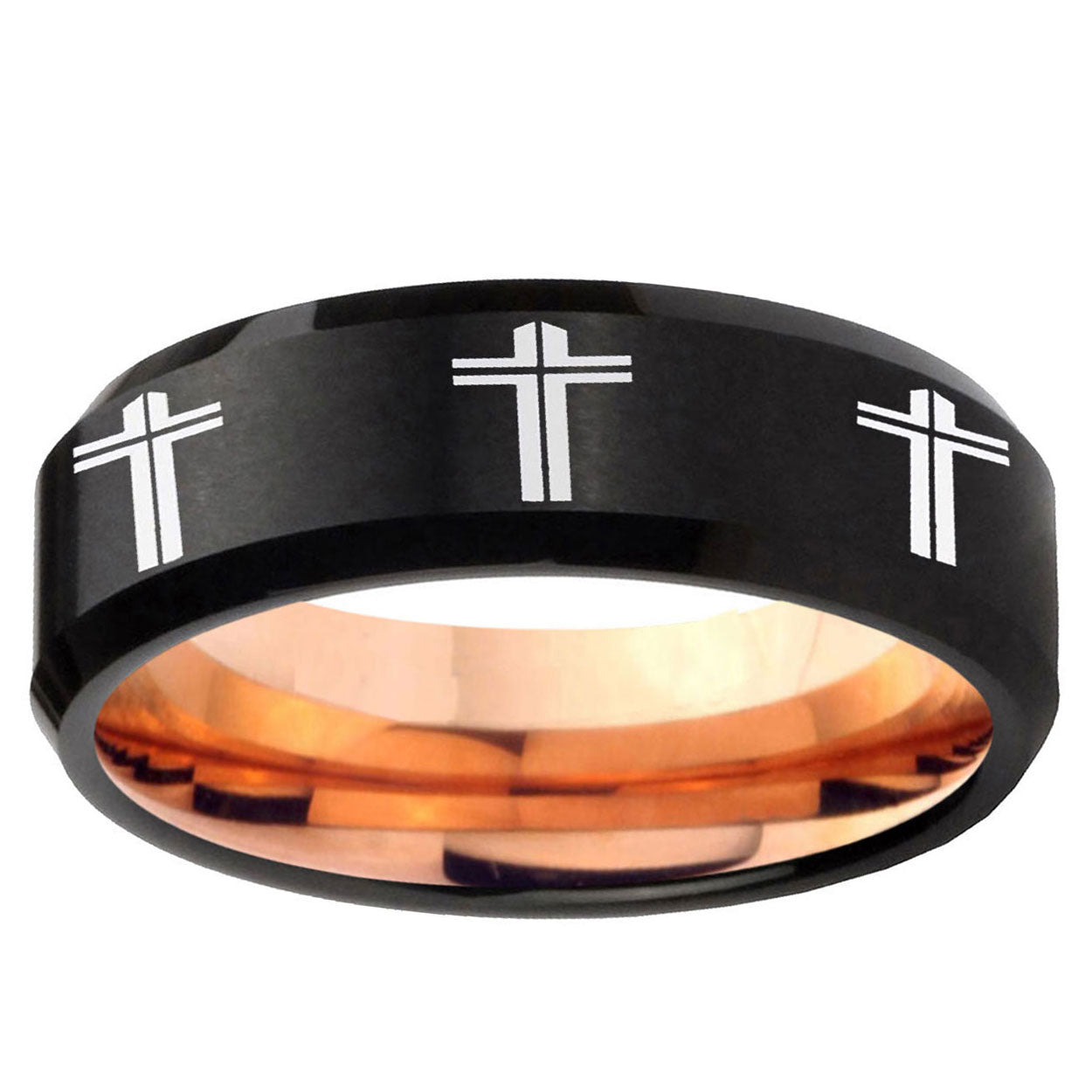 5mm Multi Christian Cross Two-Tone Beveled Black Rose Gold Tungsten Band