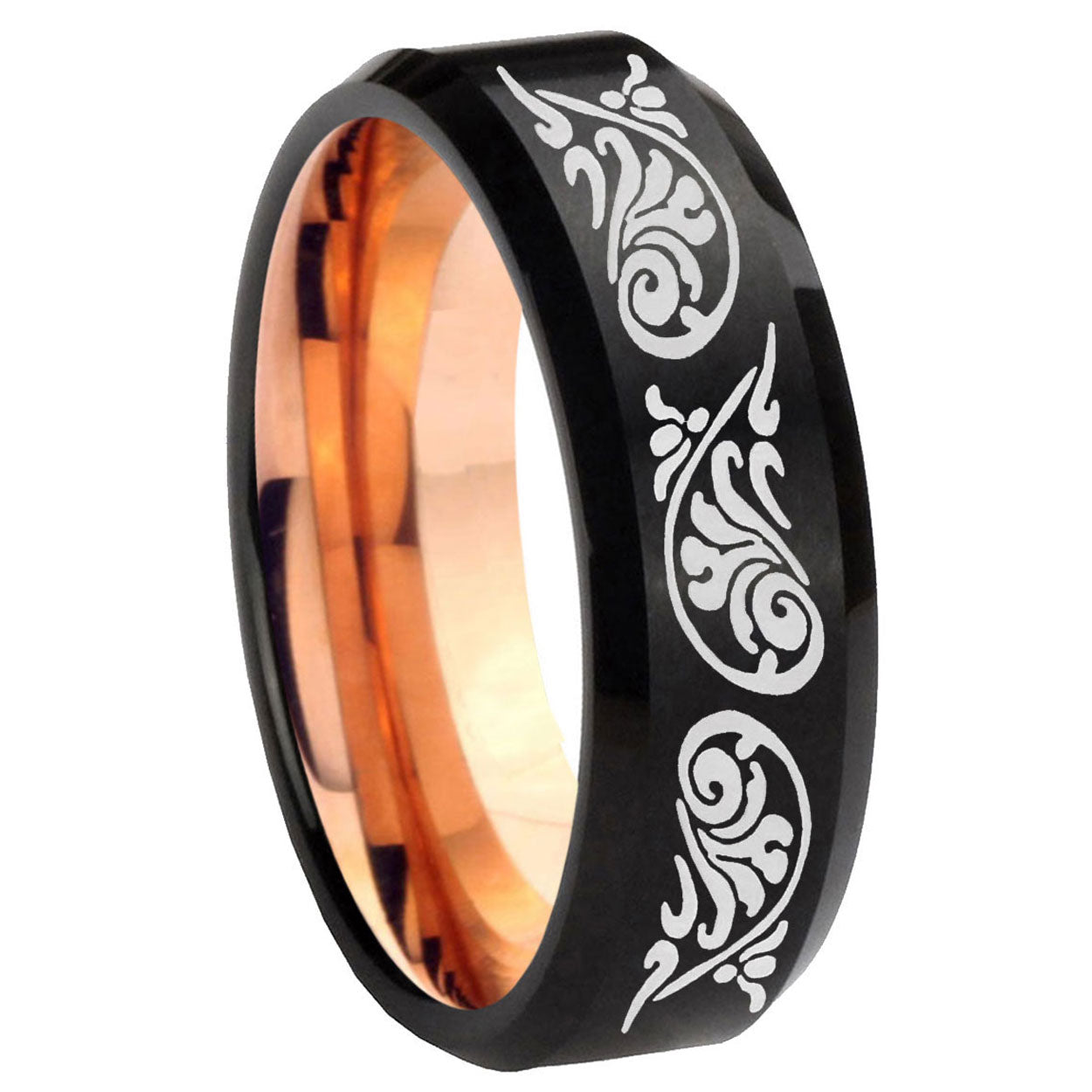 8mm Etched Tribal Two-Tone Beveled Black Rose Gold Tungsten Band