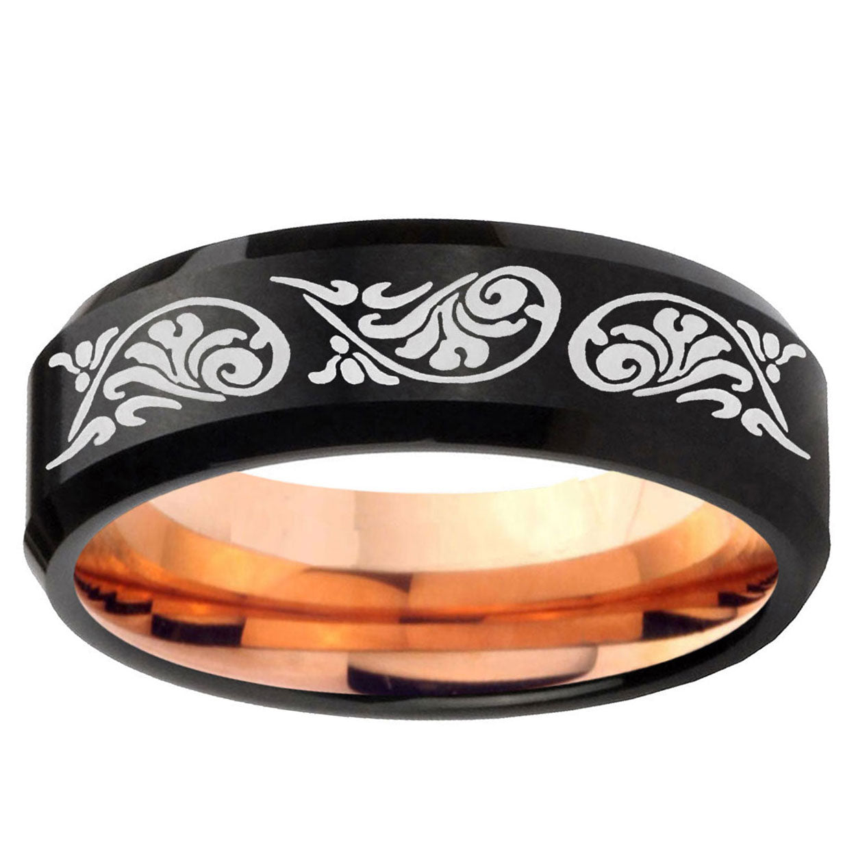 5mm Etched Tribal Two-Tone Beveled Black Rose Gold Tungsten Band