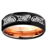 5mm Etched Tribal Pattern Beveled Edge Rose Gold and Black Tungsten Mens Ring