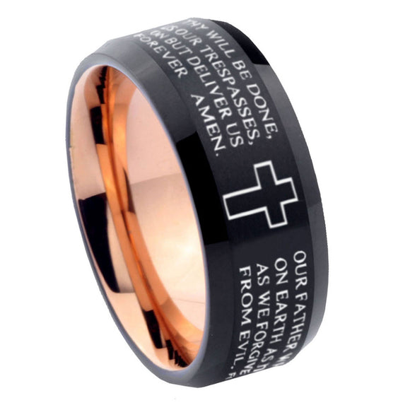 10mm-Bible-Lord's-Prayer-Cross-Bevel-Tungsten-Rose-Gold-Mens-Wedding-Band