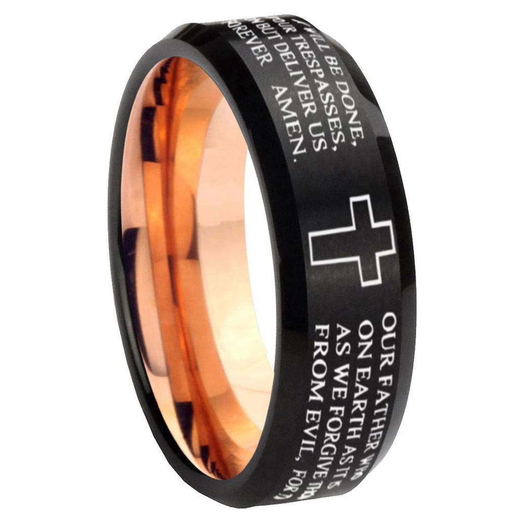 10mm Bible Lord's Prayer Cross Bevel Tungsten Rose Gold Mens Wedding Band