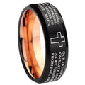 10mm Bible Lord's Prayer Cross Bevel Tungsten Rose Gold Mens Wedding Band
