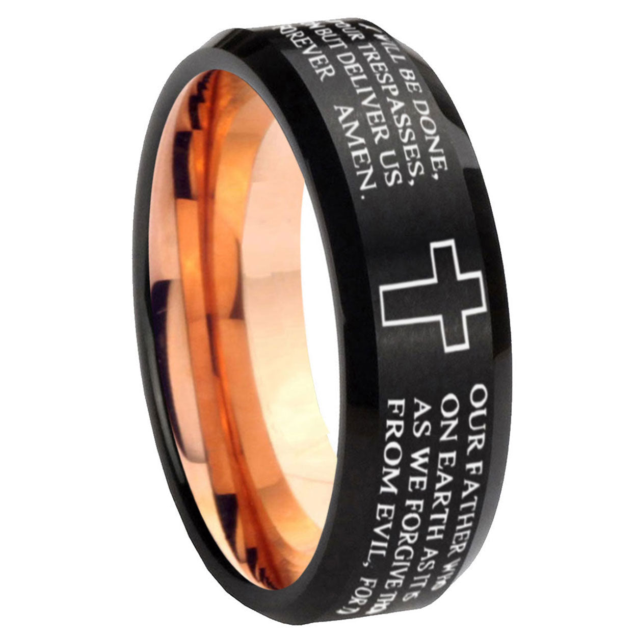 10mm Bible Lord's Prayer Cross Bevel Tungsten Rose Gold Mens Wedding Band