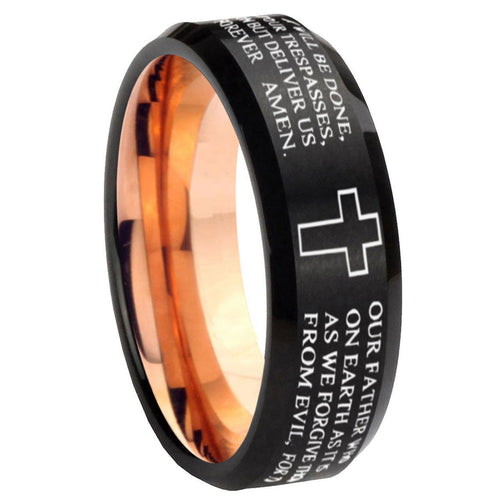 10mm Bible Lord's Prayer Cross Bevel Tungsten Rose Gold Mens Wedding Band