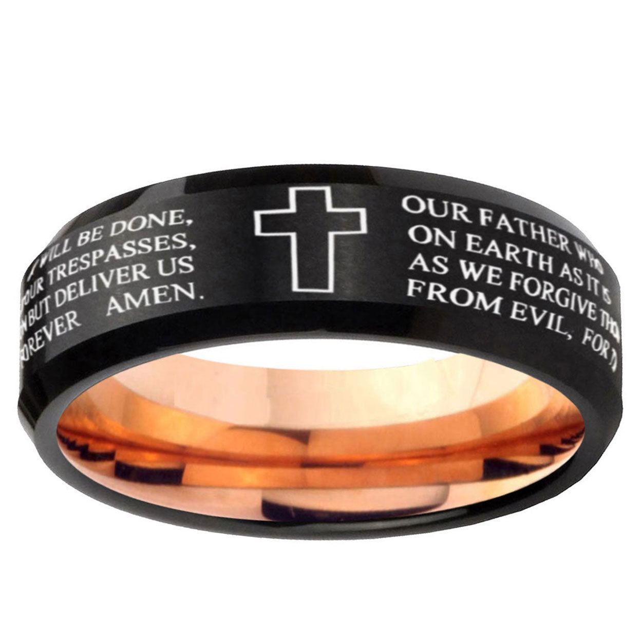 10mm Bible Lord's Prayer Cross Bevel Tungsten Rose Gold Mens Wedding Band