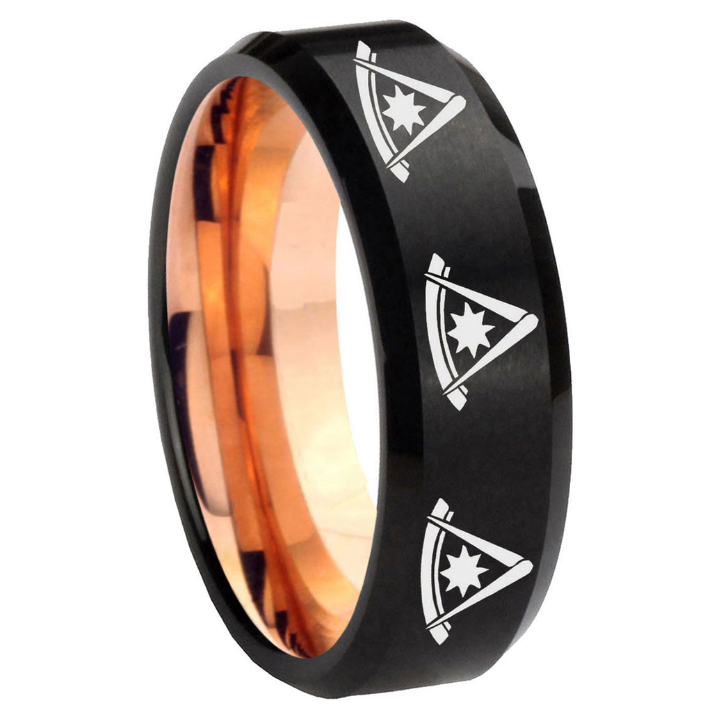 8mm Multi Pester Master Two-Tone Beveled Black Rose Gold Tungsten Band