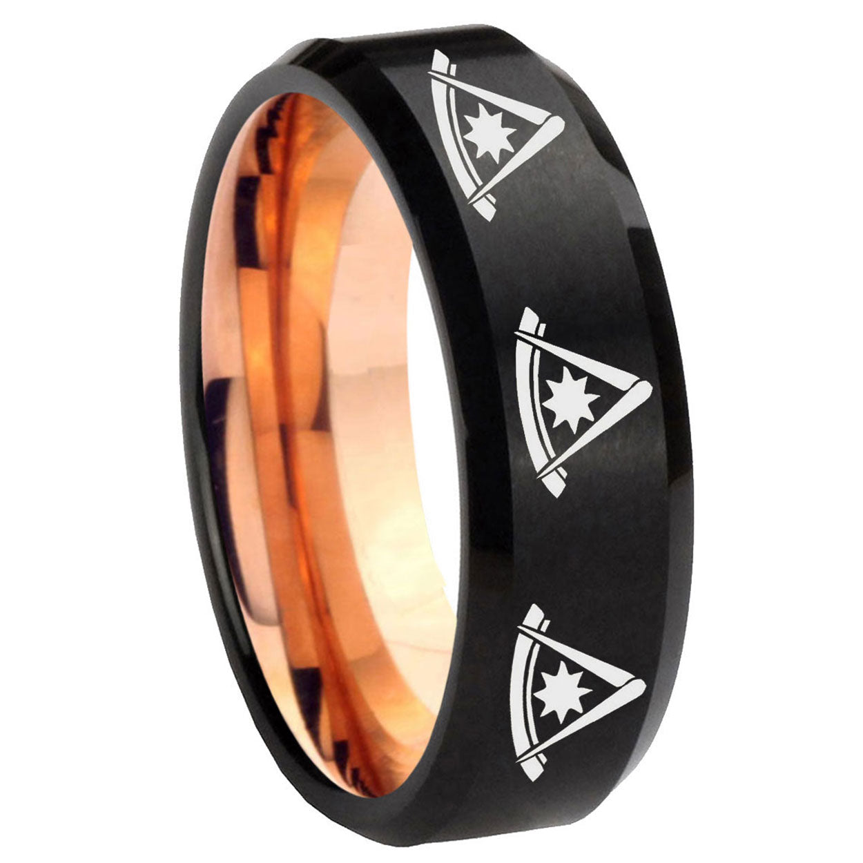 8mm Multi Pester Master Two-Tone Beveled Black Rose Gold Tungsten Band