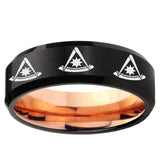 5mm Multiple Pester Master Masonic Beveled Rose Gold and Black Tungsten Mens Ring