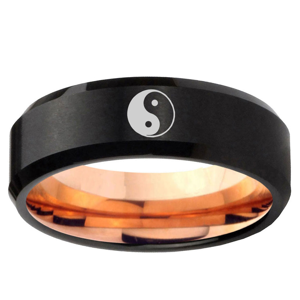 5mm Yin Yang Two-Tone Beveled Black Rose Gold Tungsten Band