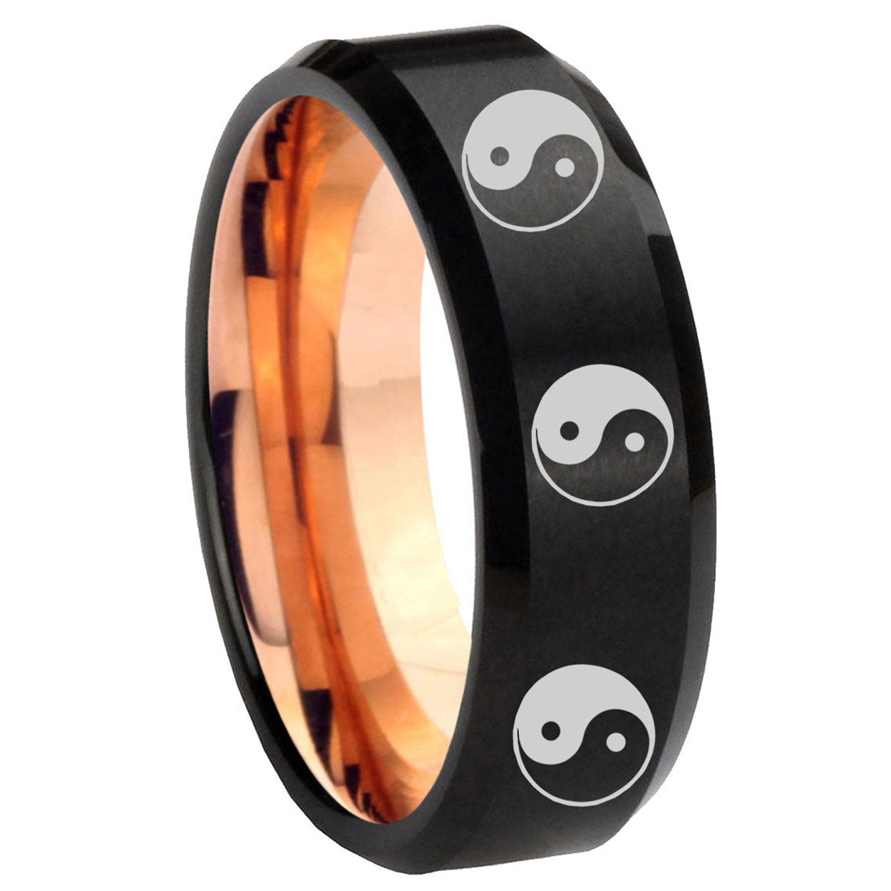 8mm Multiple Yin Yang Two-Tone Beveled Black Rose Gold Tungsten Band