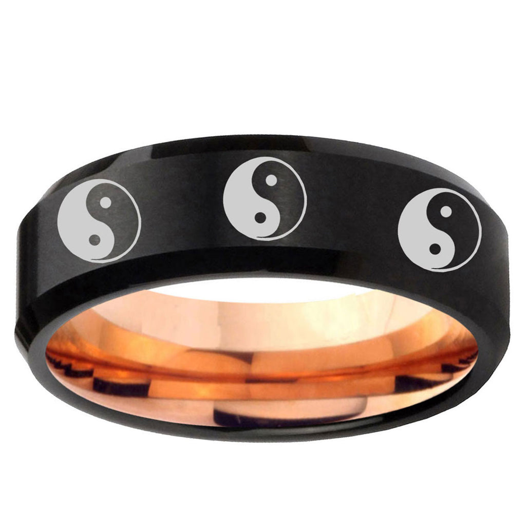 5mm Multiple Yin Yang Two-Tone Beveled Black Rose Gold Tungsten Band