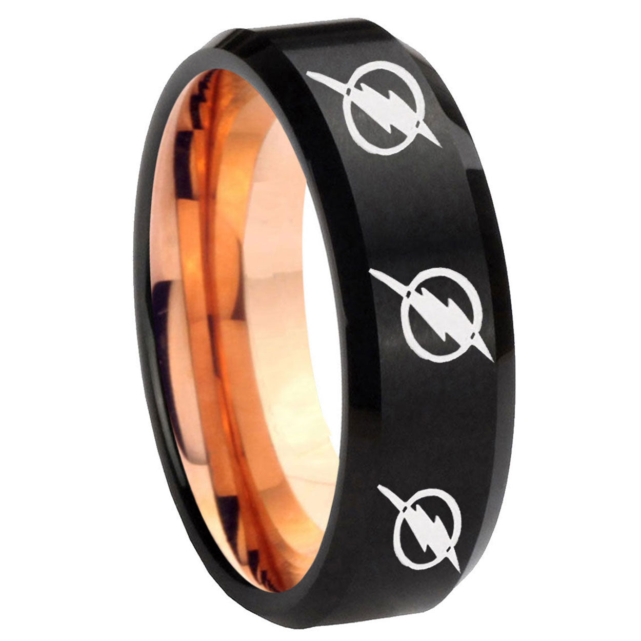 8mm Multiple Flash Two-Tone Beveled Black Rose Gold Tungsten Band