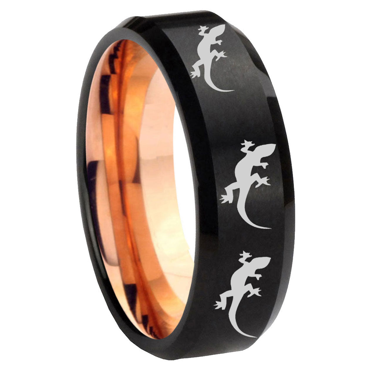 8mm Multiple Lizard Two-Tone Beveled Black Rose Gold Tungsten Band