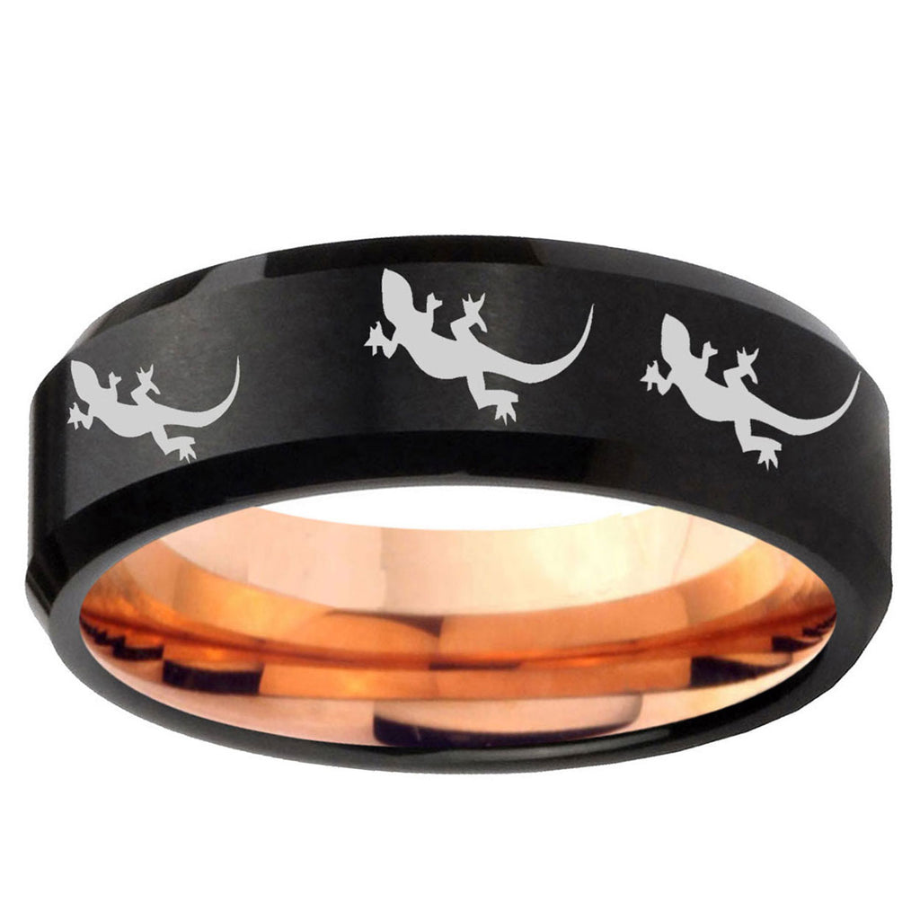 5mm Multiple Lizard Two-Tone Beveled Black Rose Gold Tungsten Band