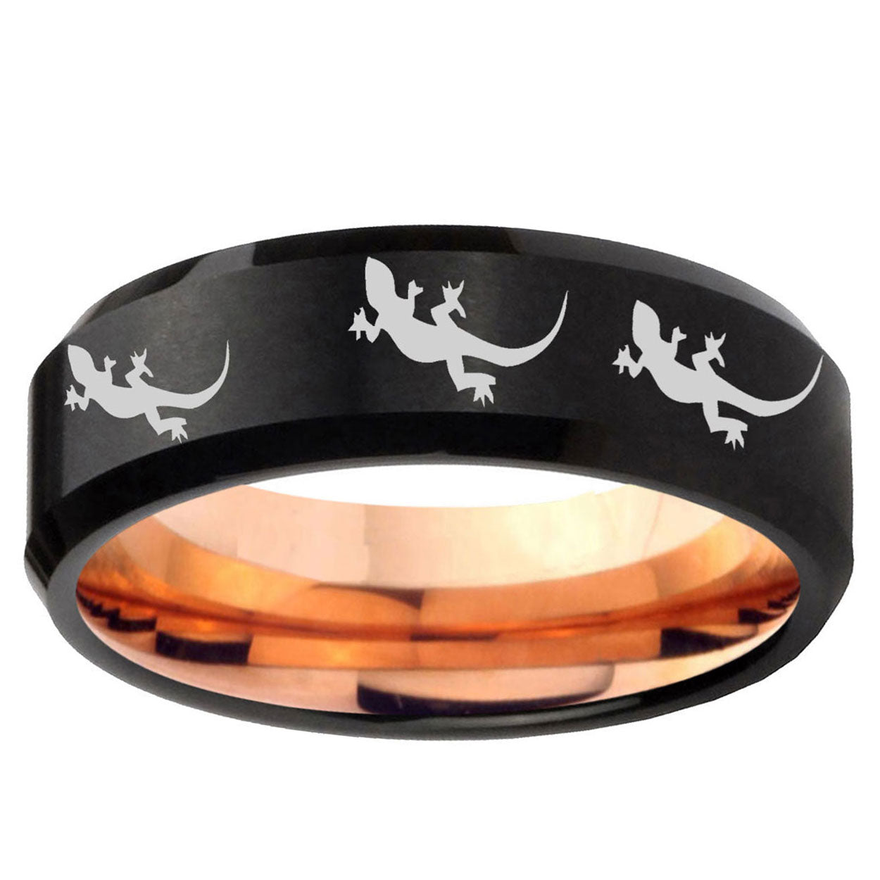 5mm Multiple Lizard Two-Tone Beveled Black Rose Gold Tungsten Band