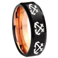 8mm Multiple Anchor Two-Tone Beveled Black Rose Gold Tungsten Band