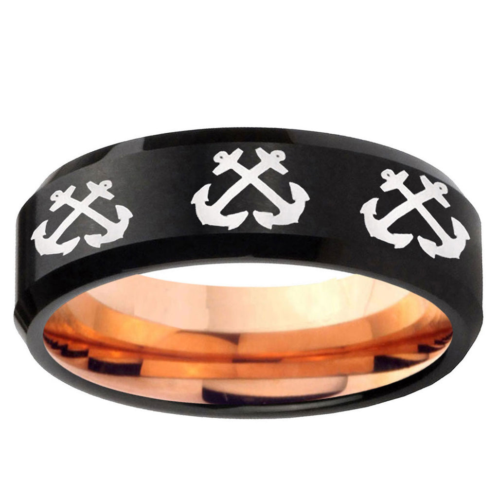 5mm Multiple Anchor Two-Tone Beveled Black Rose Gold Tungsten Band