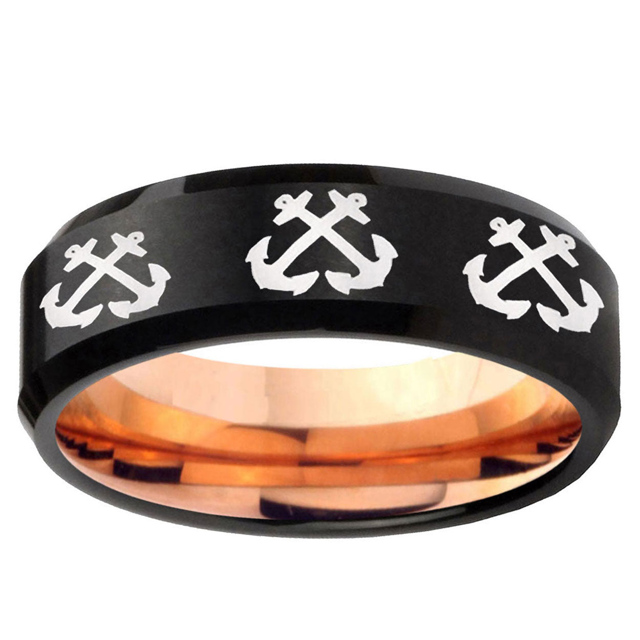5mm Multiple Anchor Two-Tone Beveled Black Rose Gold Tungsten Band