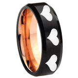 8mm Multiple Heart Beveled Rose Gold and Black Tungsten Wedding Engagement Ring