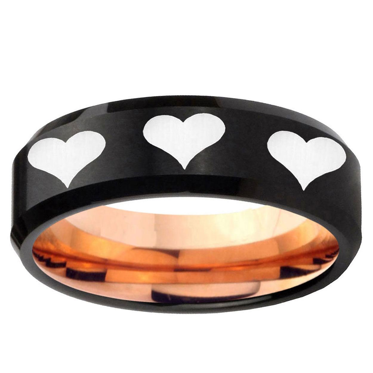 5mm Multiple Heart Two-Tone Beveled Black Rose Gold Tungsten Band