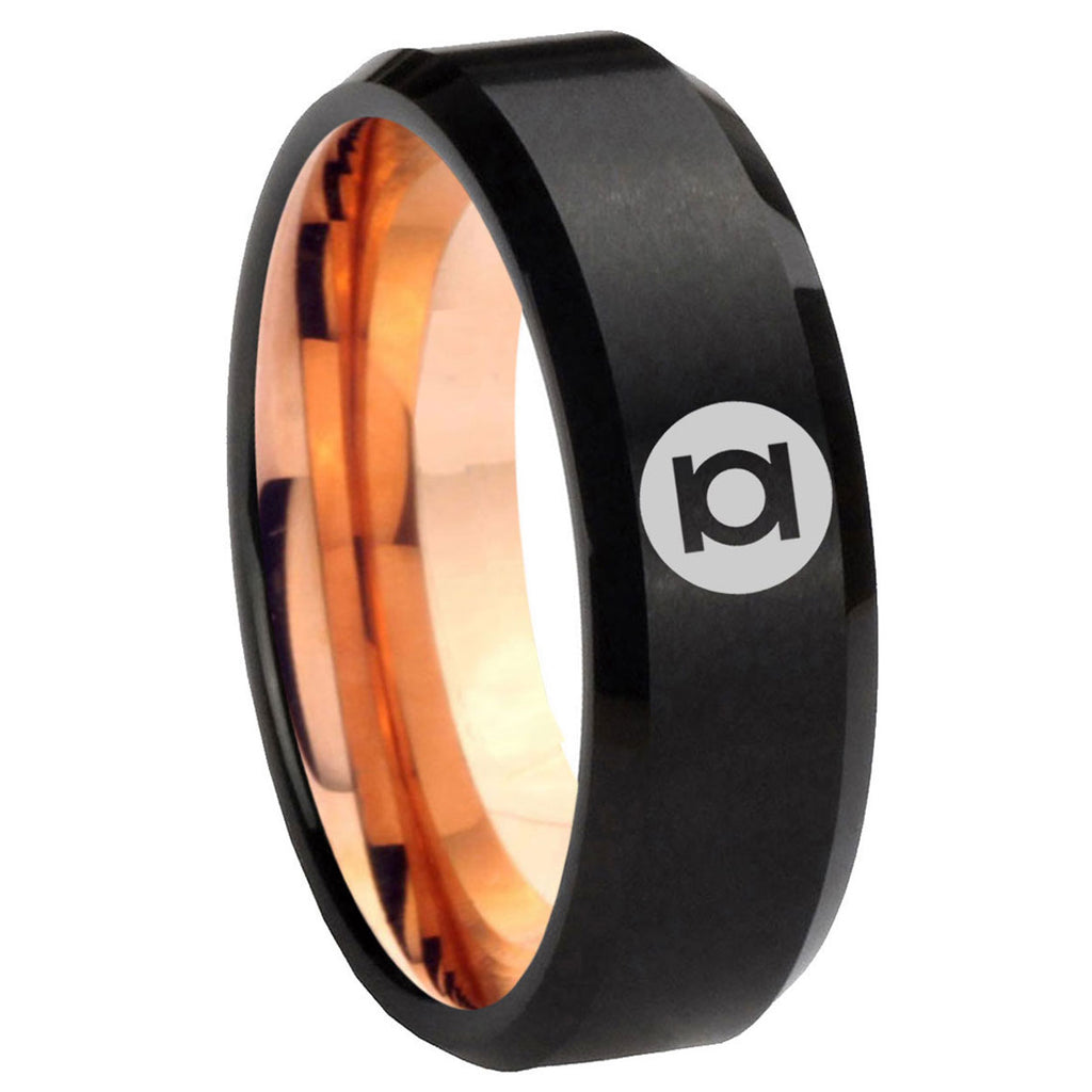 8mm Green Lantern Two-Tone Beveled Black Rose Gold Tungsten Band