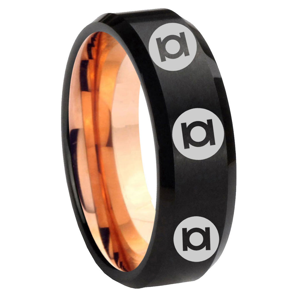 8mm Multi Green Lantern Two-Tone Beveled Black Rose Gold Tungsten Band