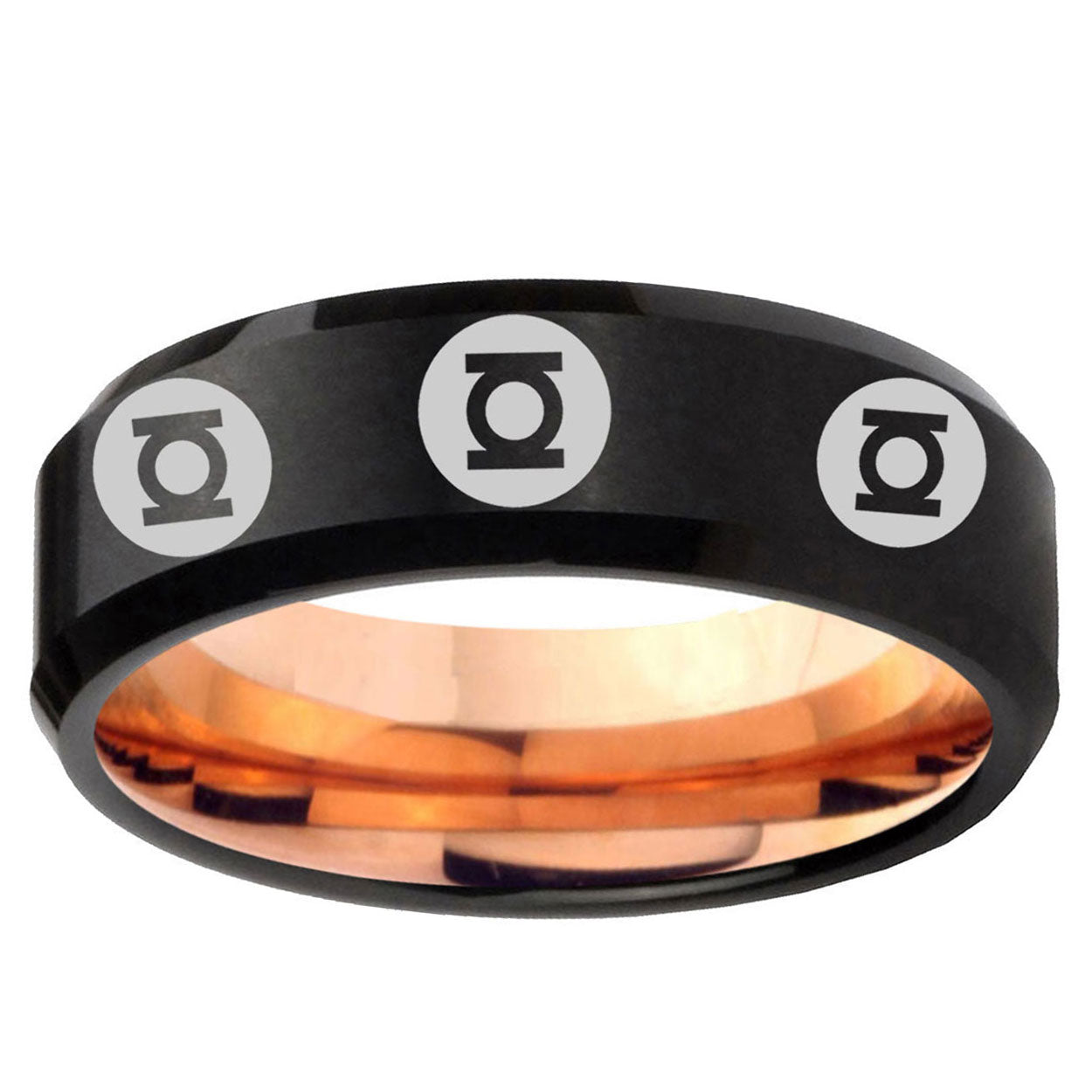 5mm Multi Green Lantern Two-Tone Beveled Black Rose Gold Tungsten Band