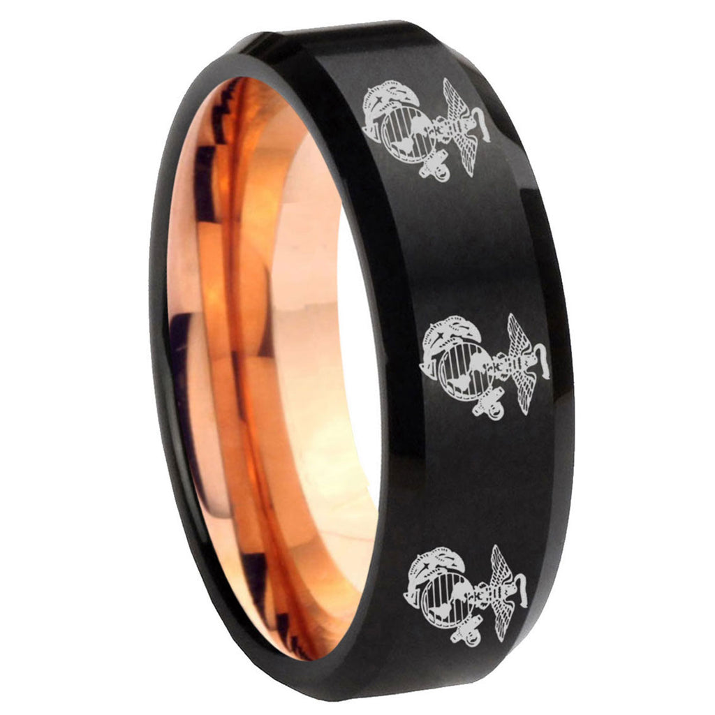 8mm Multi Marine Corps Two-Tone Beveled Black Rose Gold Tungsten Band