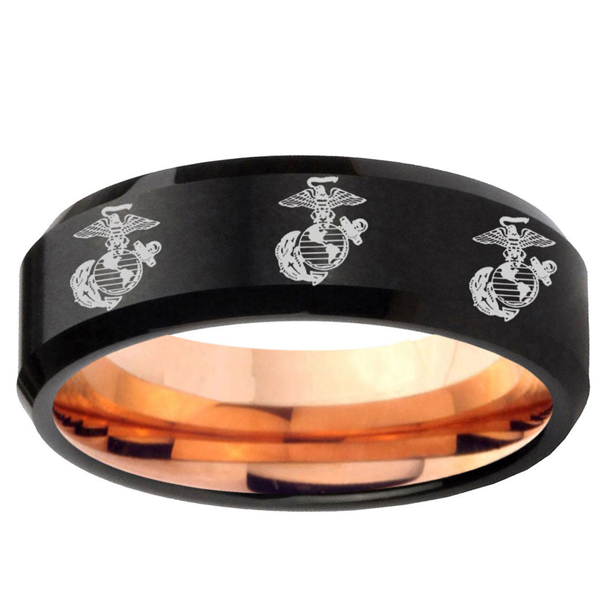 5mm Multi Marine Corps Two-Tone Beveled Black Rose Gold Tungsten Band