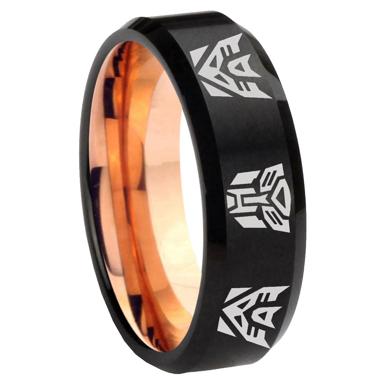 8mm Autobot Decepticon Two-Tone Beveled Black Rose Gold Tungsten Band