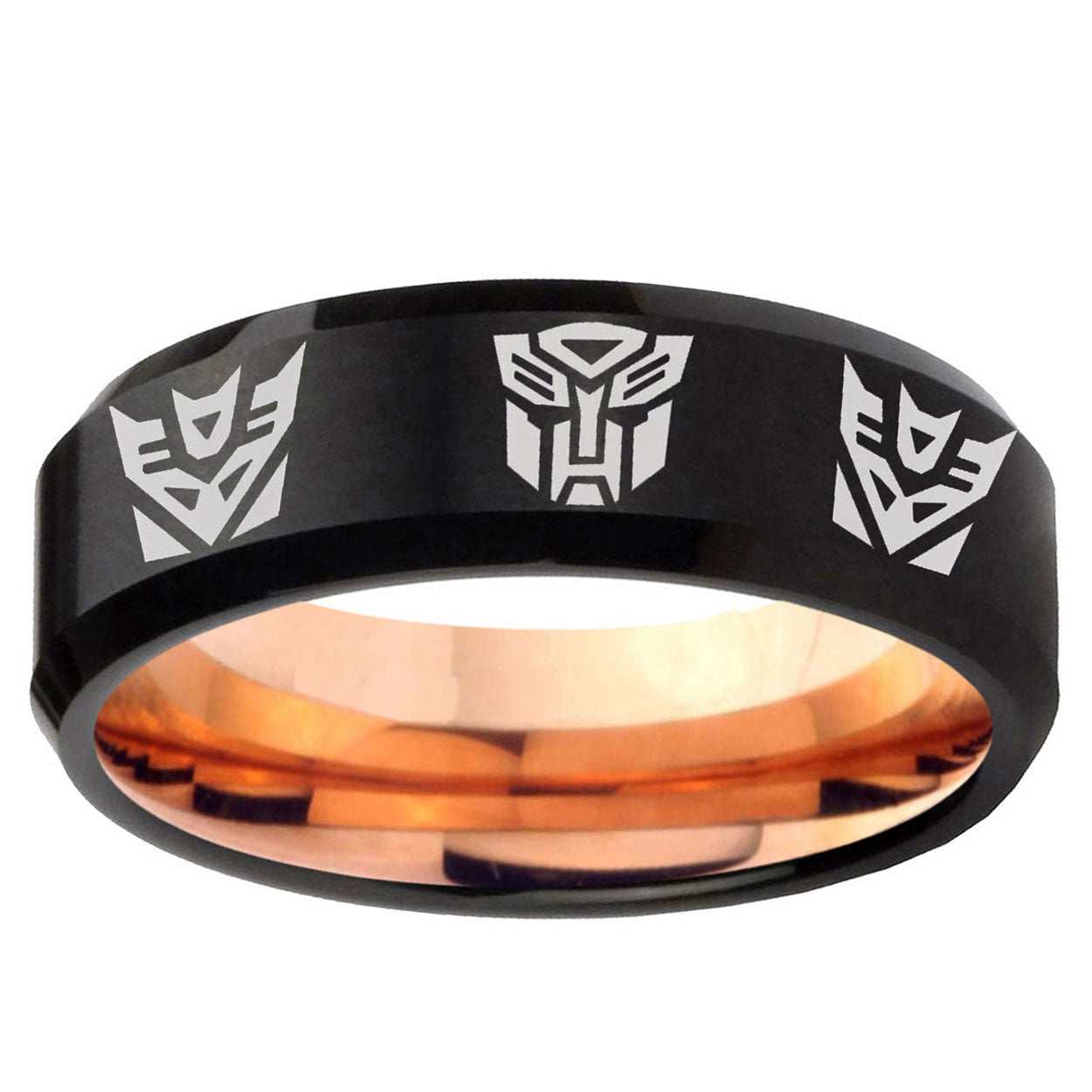 5mm Autobot Decepticon Two-Tone Beveled Black Rose Gold Tungsten Band