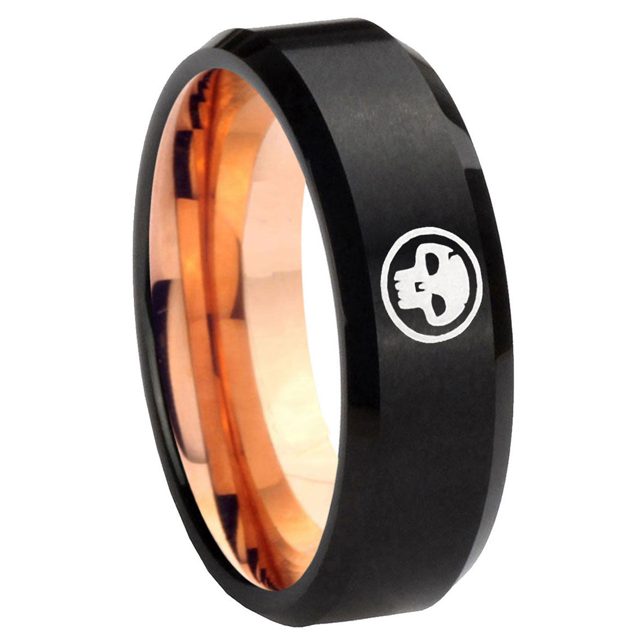 8mm Skull Symbol Two-Tone Beveled Black Rose Gold Tungsten Band