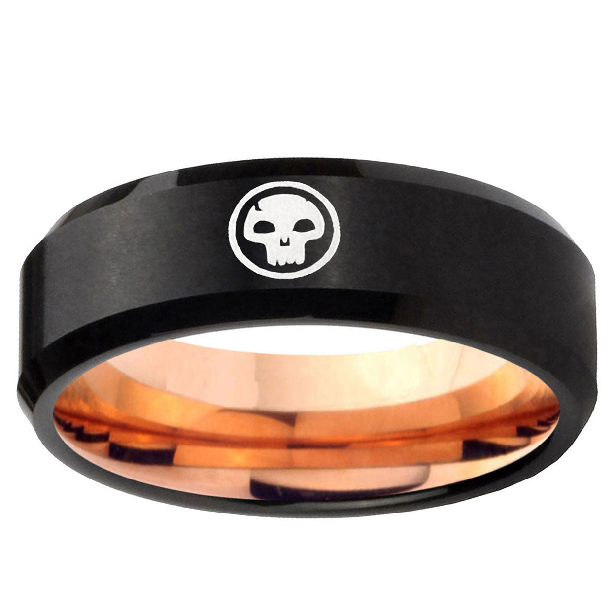 5mm Skull Symbol Two-Tone Beveled Black Rose Gold Tungsten Band