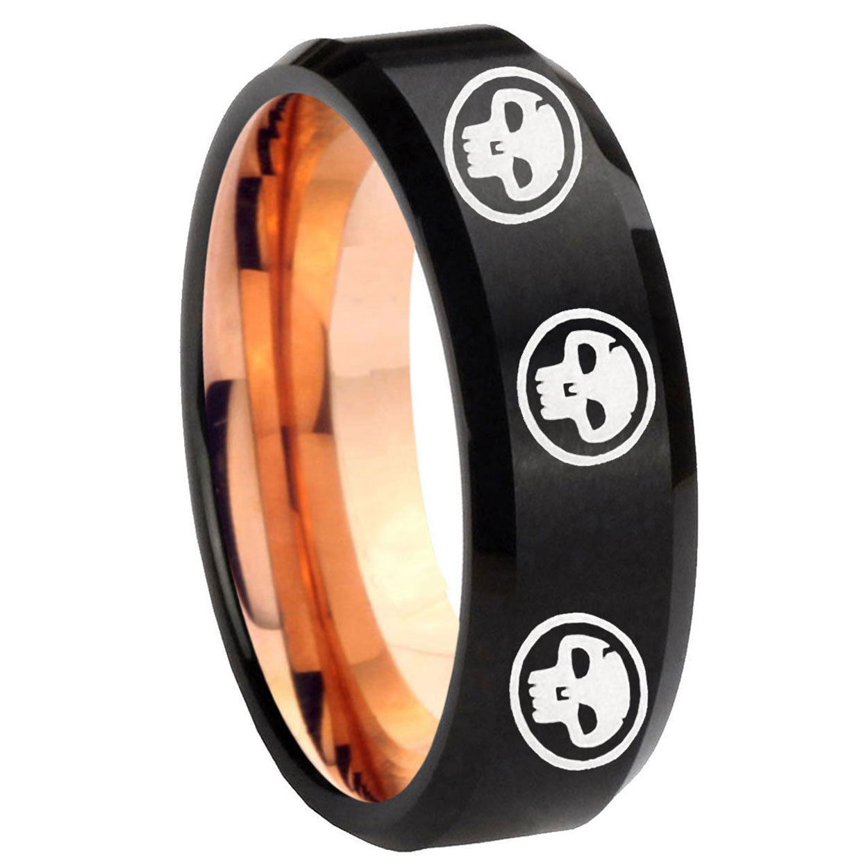 8mm Multi Skull Symbol Two-Tone Beveled Black Rose Gold Tungsten Band