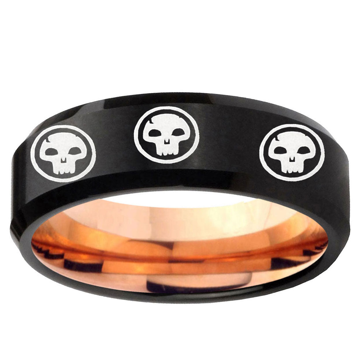 5mm Multi Skull Symbol Two-Tone Beveled Black Rose Gold Tungsten Band