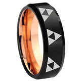8mm Multiple Zelda Triforce Beveled Edge Rose Gold and Black Tungsten Men's Ring